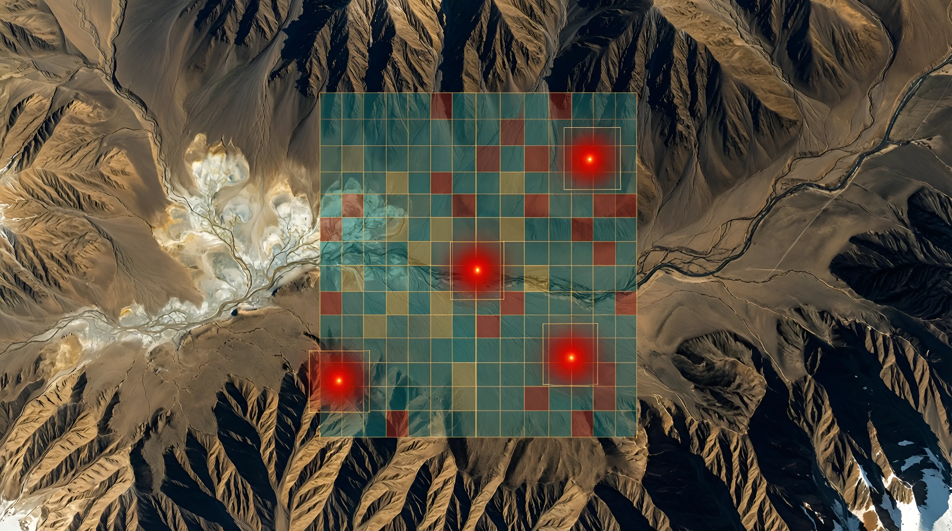Satellite imagery with an AI prospectivity grid and highlighted mineral hotspots