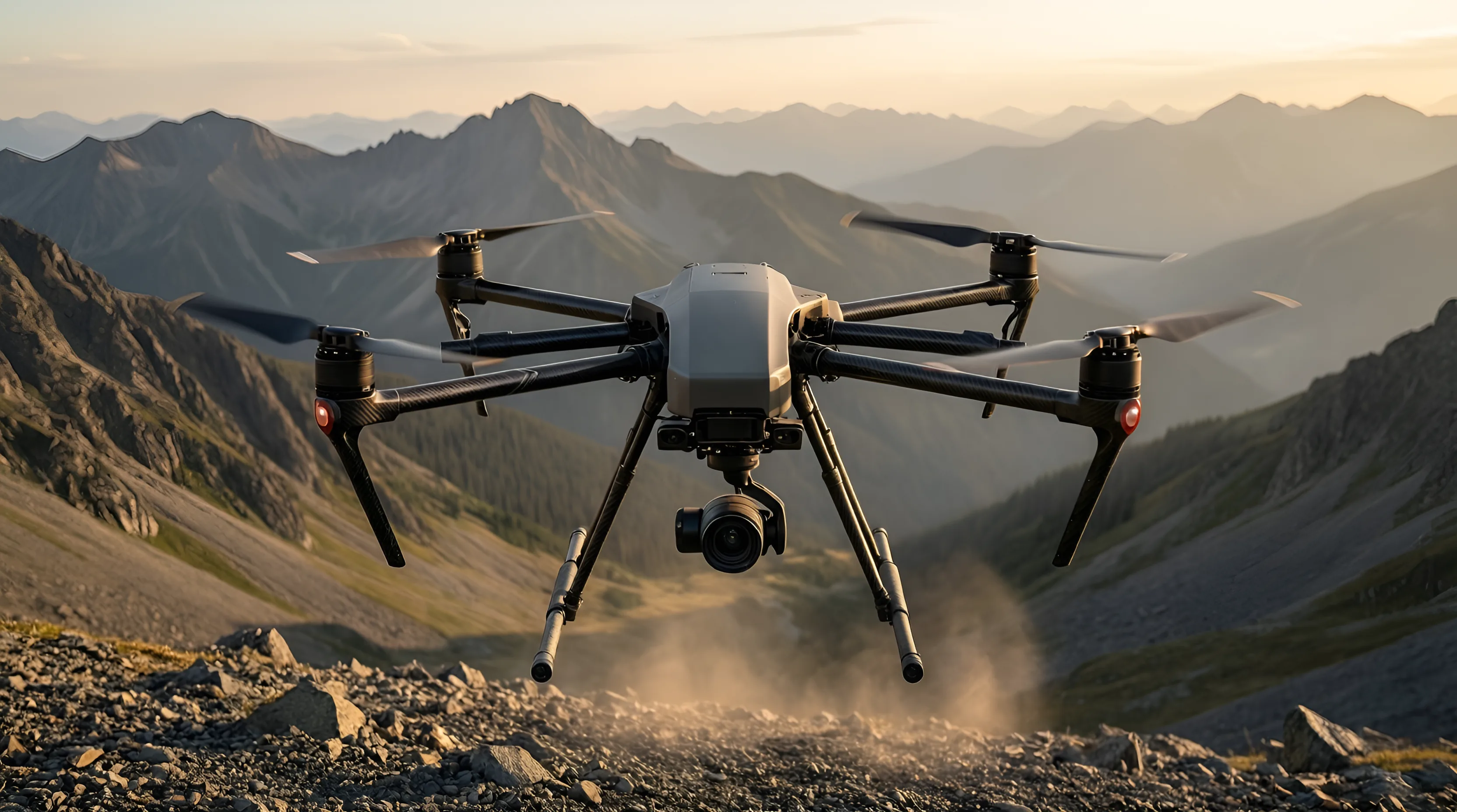 An industrial survey hexacopter hovering low over a rocky mountain ridge, kicking up dust