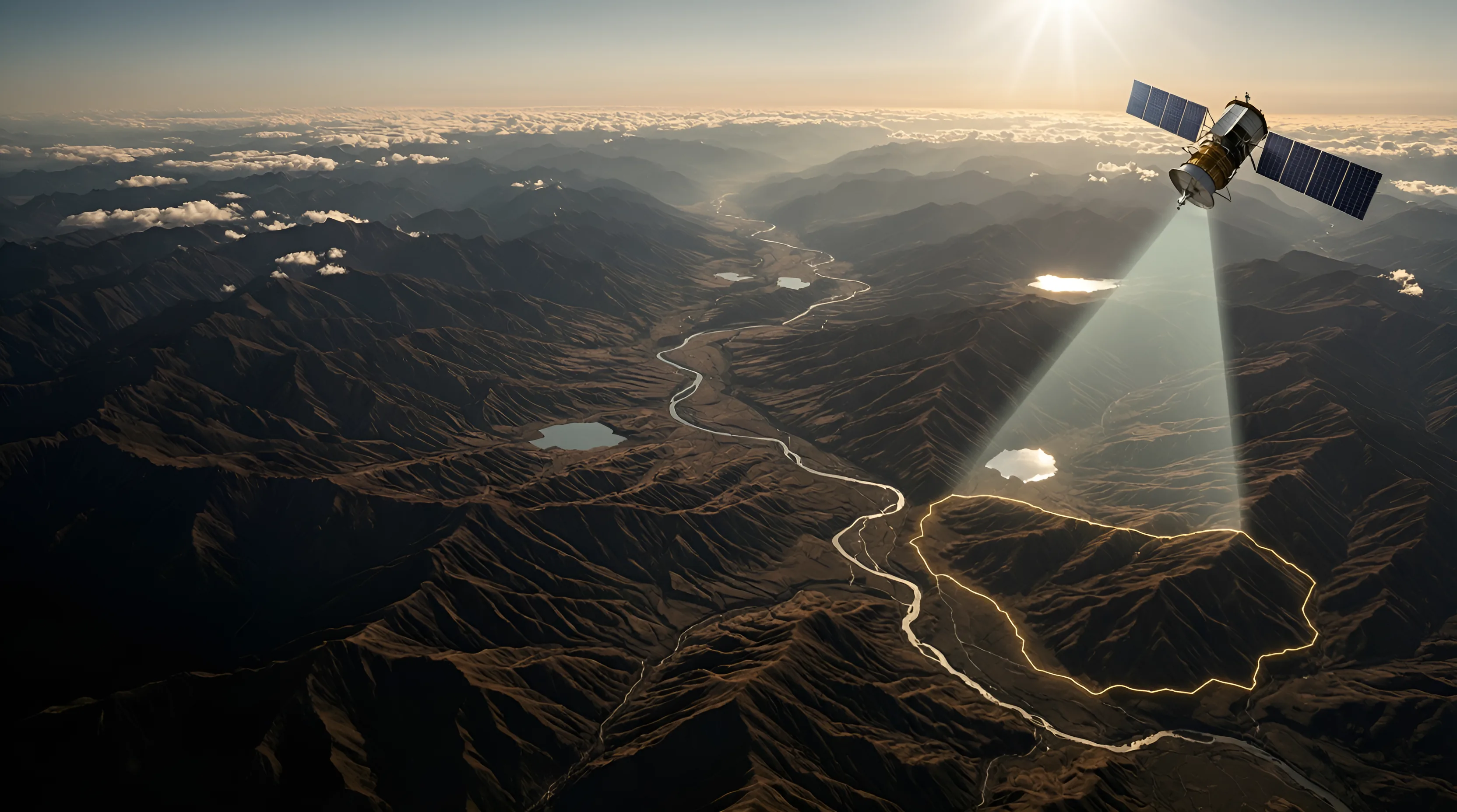 High-altitude view across a vast mountain region at golden hour, a satellite scanning a gold survey boundary