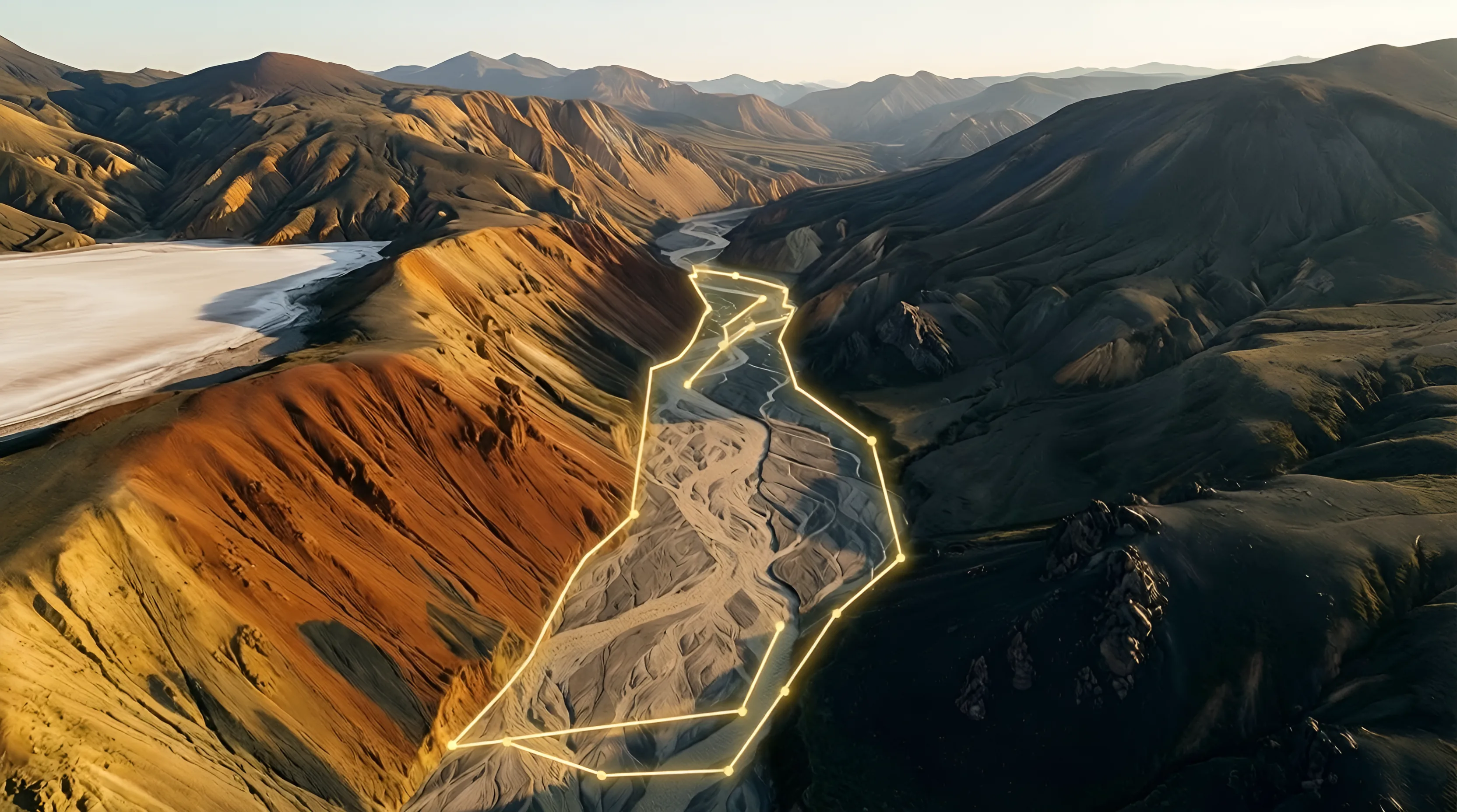 Aerial view of a remote arid valley with a gold licence boundary traced around its braided riverbed