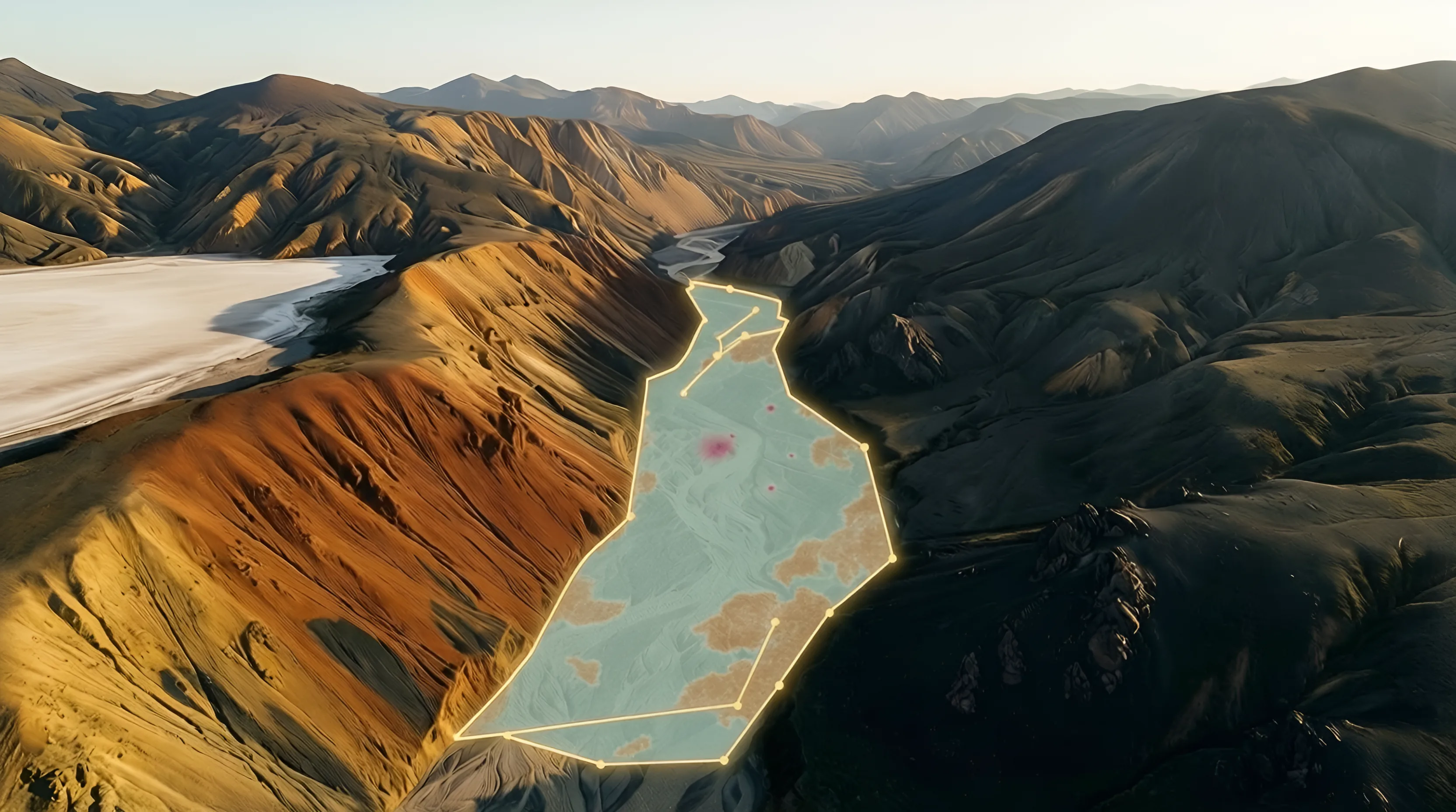 The same valley with a satellite mineral map draped inside the boundary