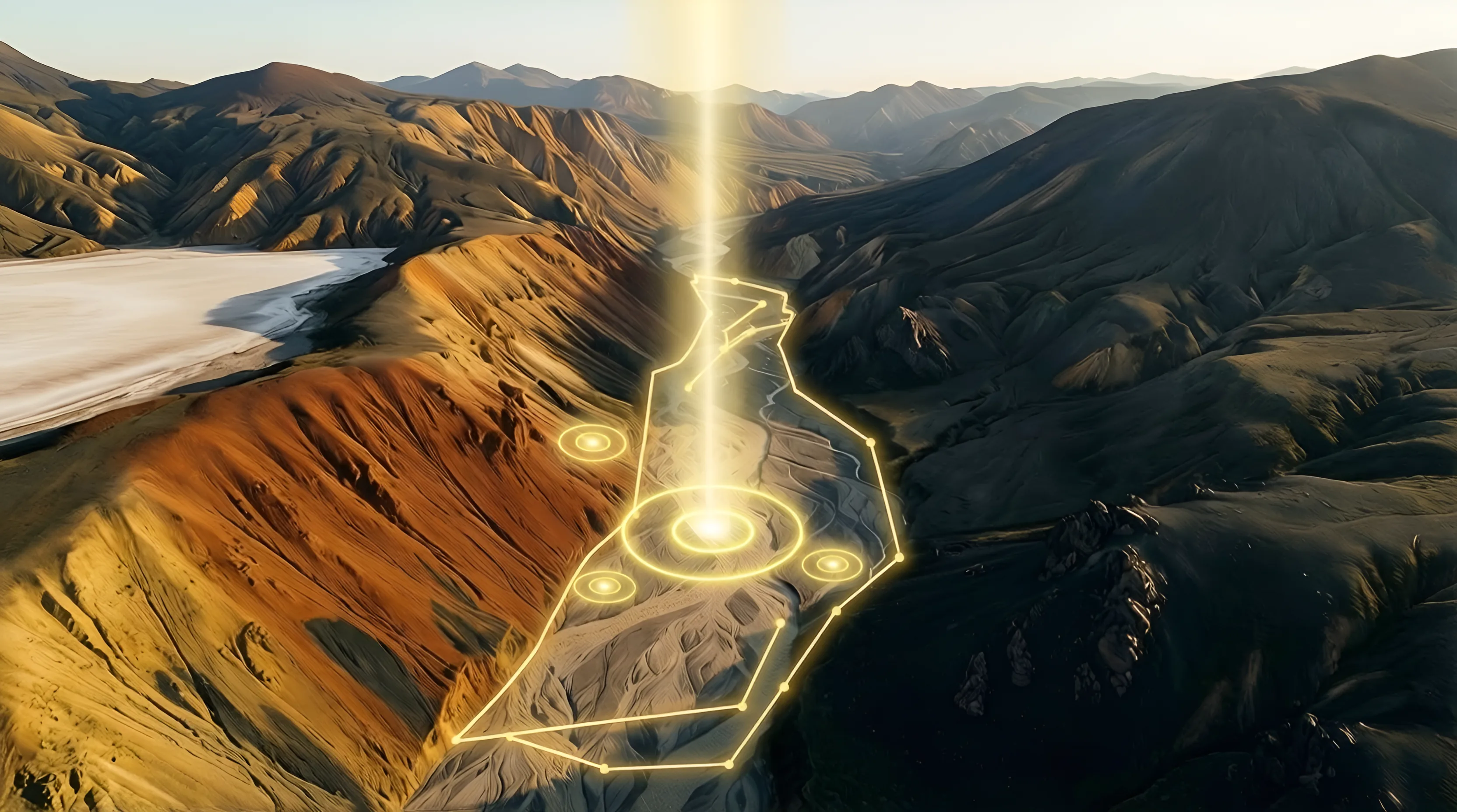 The same valley with ranked gold drill targets marked inside the boundary