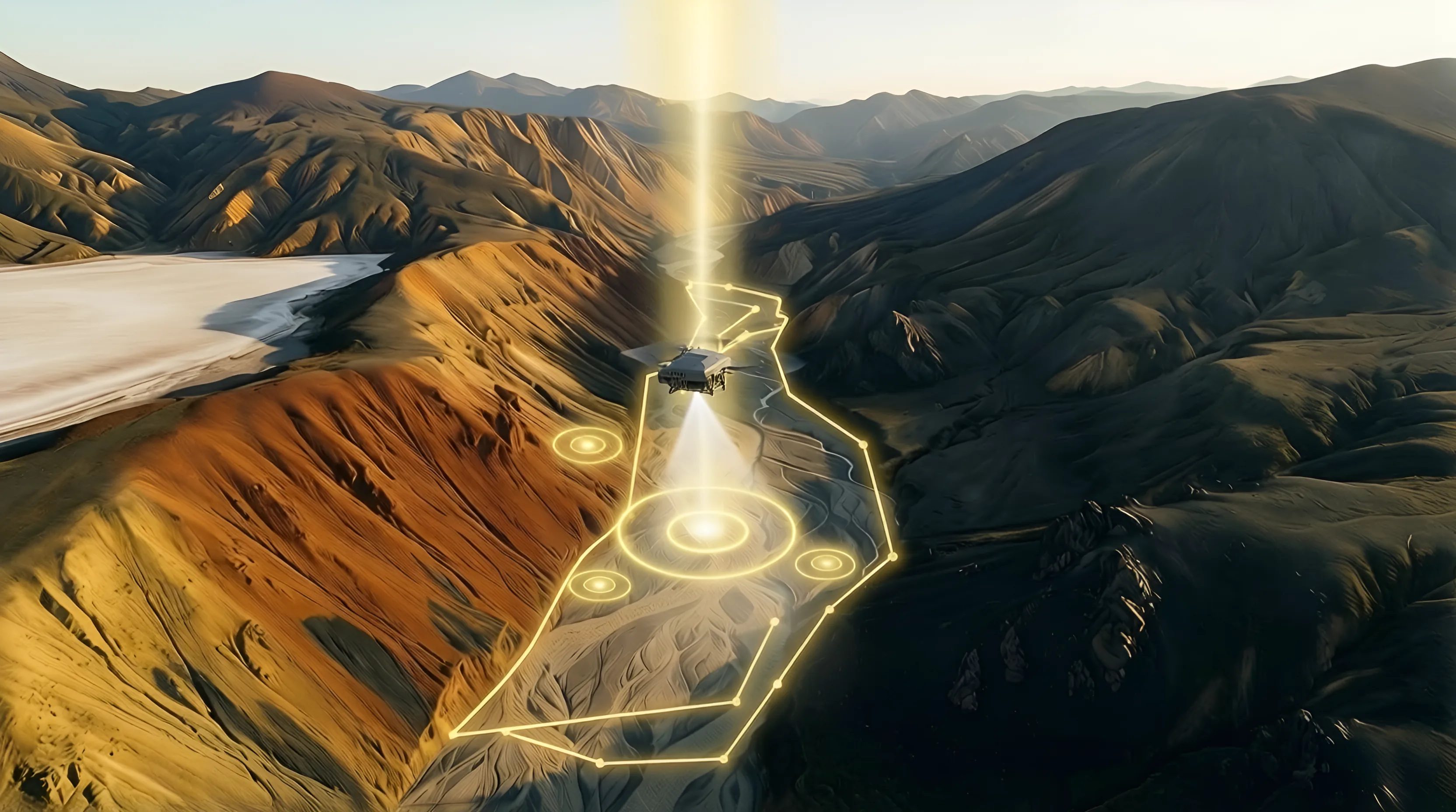 A survey drone scanning the top-ranked target inside the boundary