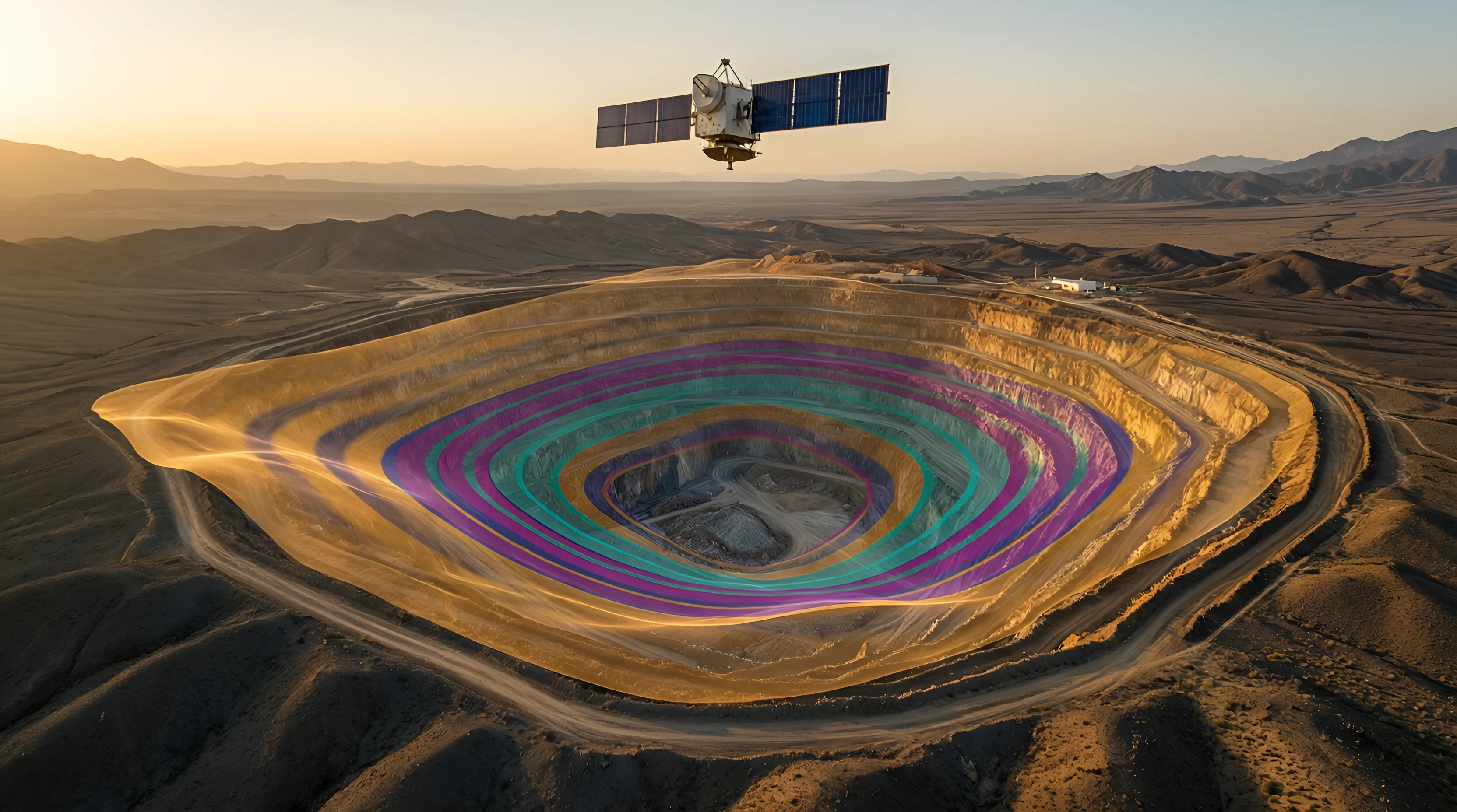 A radar satellite above an open-pit mine, with InSAR interferogram fringes showing ground movement