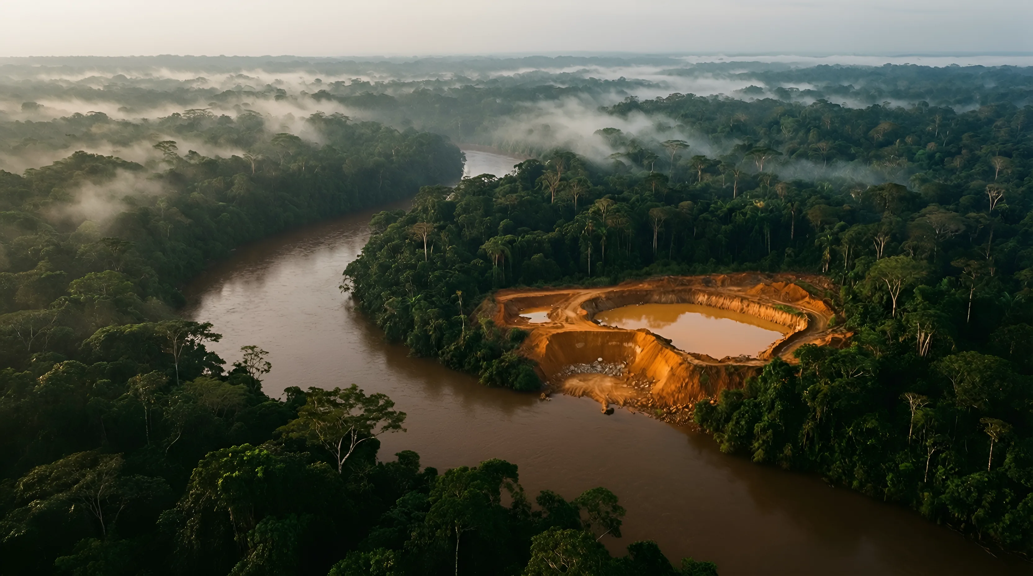 Misty rainforest with a hidden illegal mining clearing beside a river