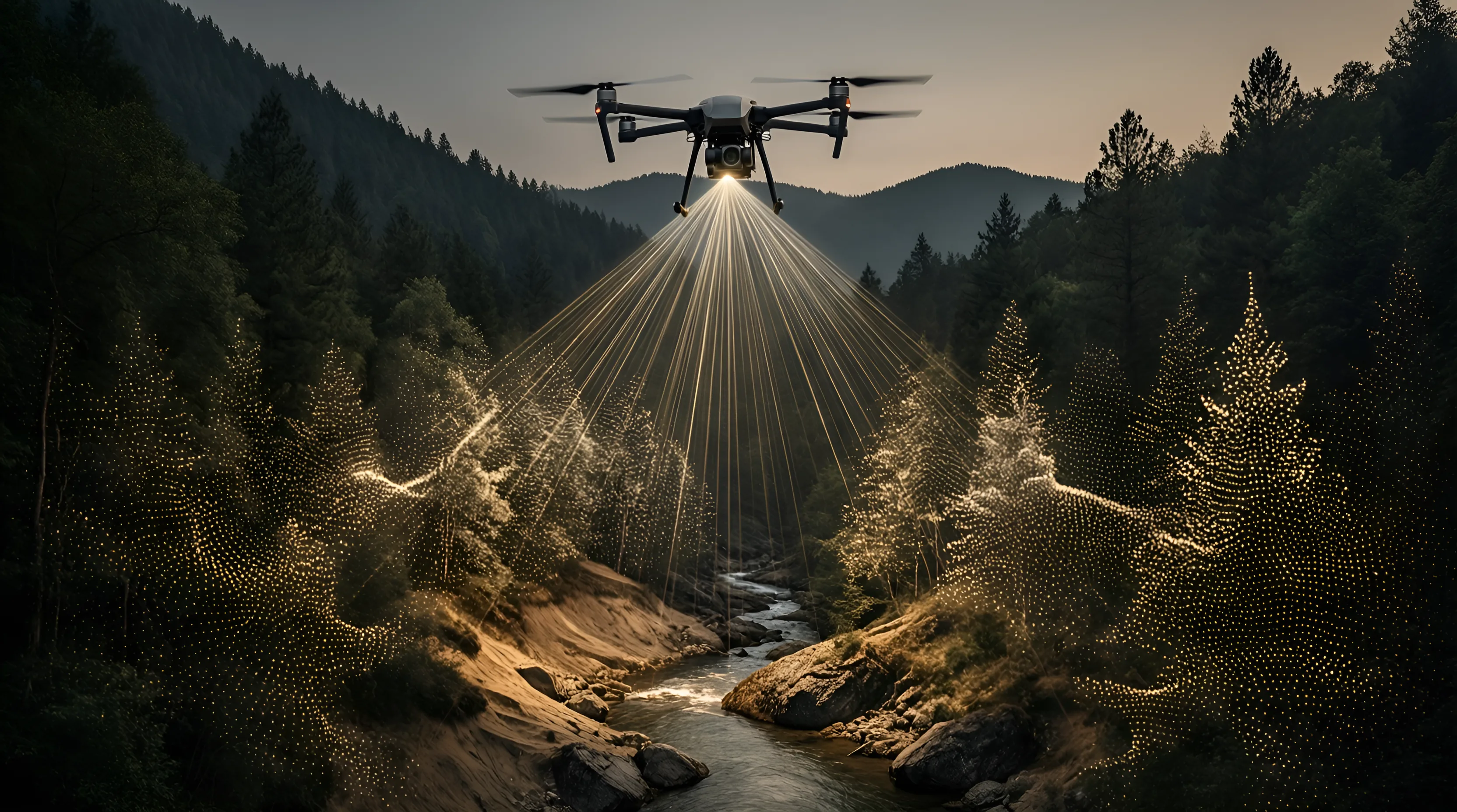A survey drone fans laser light over a forest, revealing the bare ground as a LiDAR point cloud