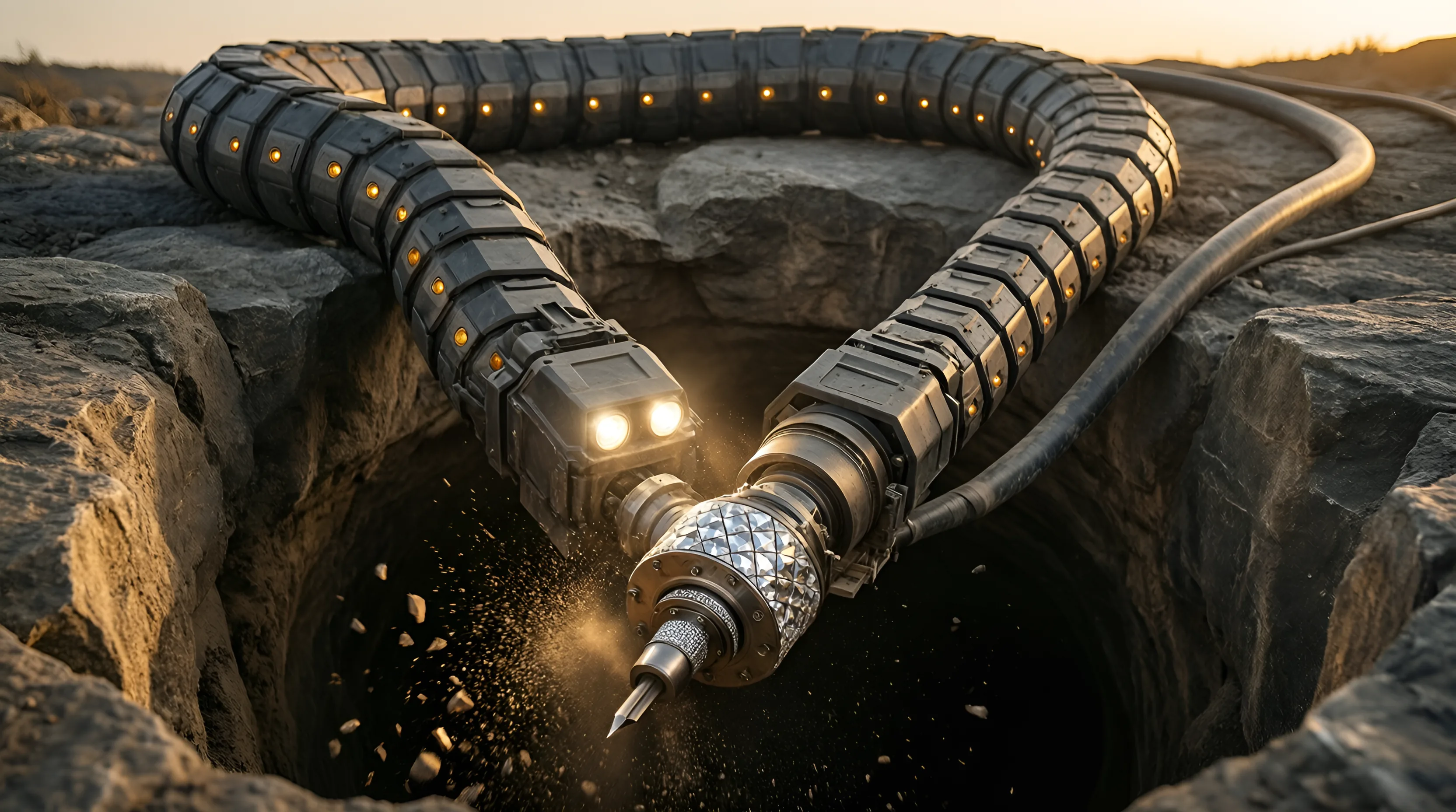 LodeRunner, a segmented boring robot, drilling into a borehole in rock