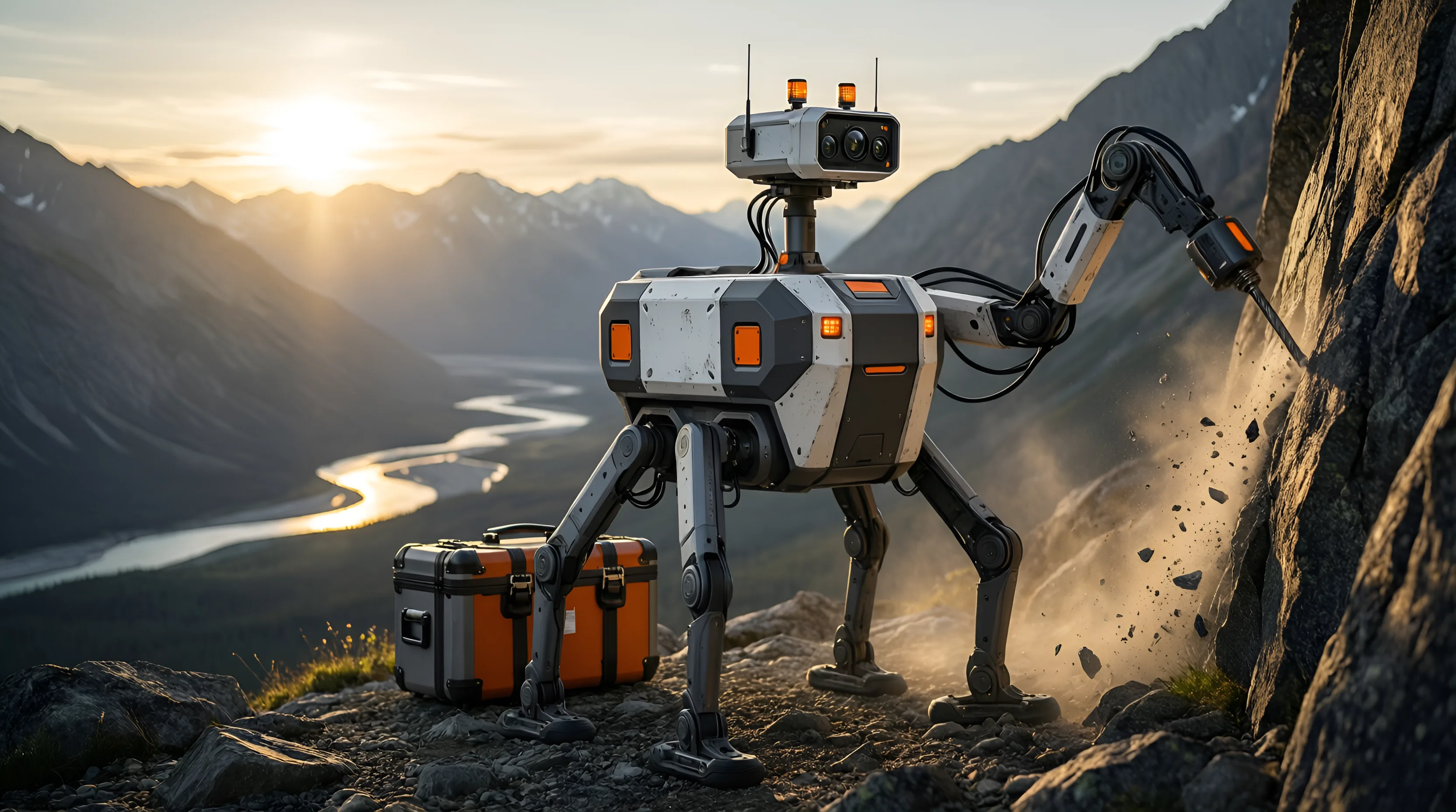 Qlondike, OREbot's four-legged field robot, drilling into a rock face above a river valley at golden hour