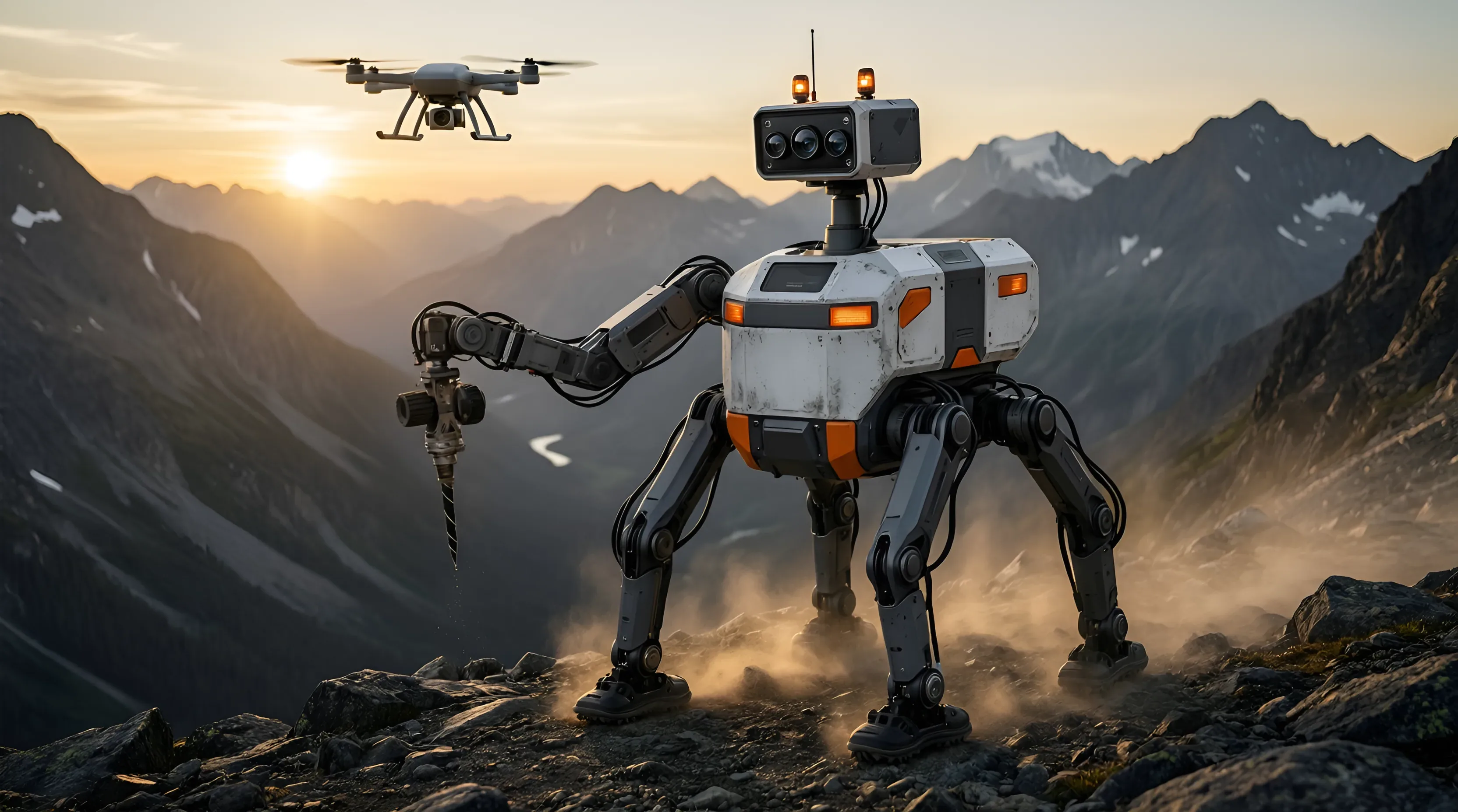 Qlondike walking a steep mountain ridge at sunset as a survey drone flies overhead